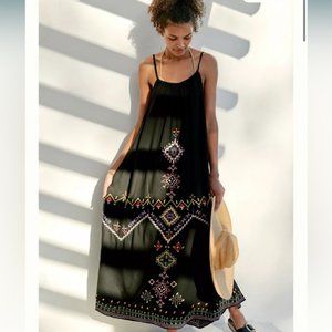 Anthropologie Embroidered Maxi Dress w/ Pockets -  Size XL - Color Black